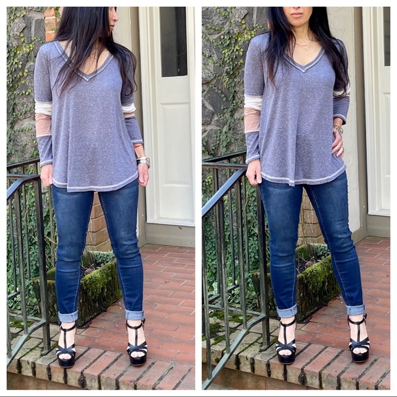 Two tone color block knit fabric casual top - Picture 6 of 7